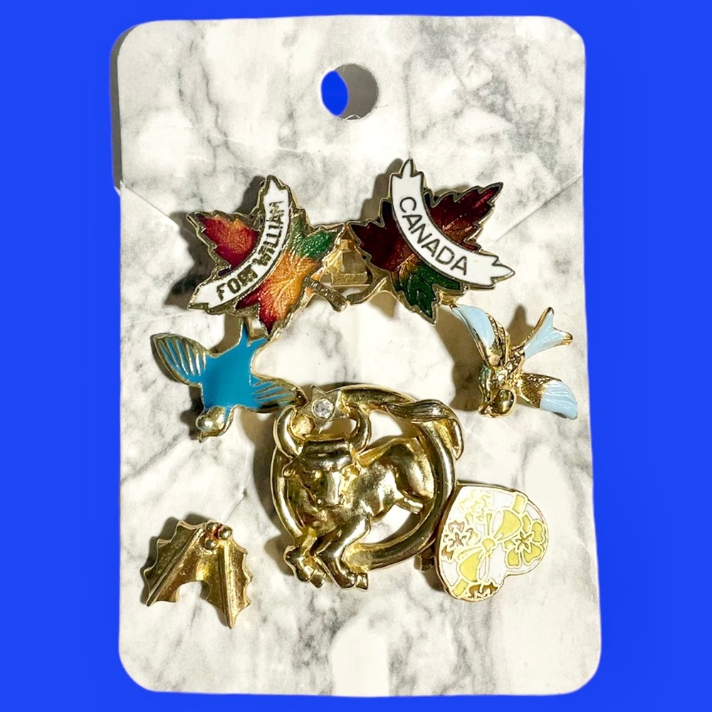 Vintage Mini Variety Pin Set- Canada, Taurus Bull, Heart